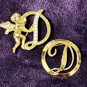 Vintage Gold Tone Brooch Set Angel Cherub Letter D & Letter D Initial Script